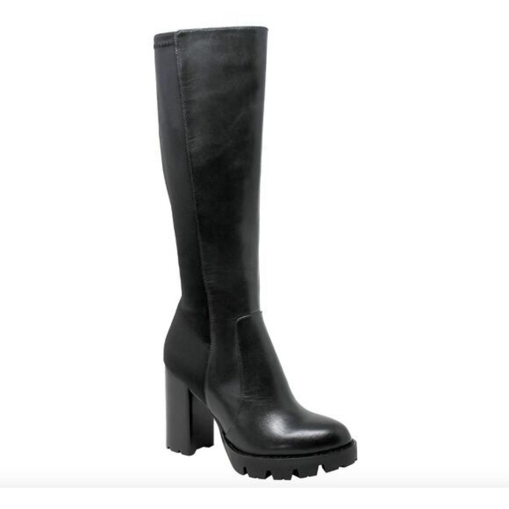 Charles David Gala Leather Tall Pointed Toe Lug Sole Block Heel Boot in Black